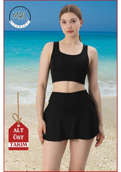 Kadın Siyah Alt-Üst Takım Şort & Sabit Pedli Üst Crop Denizde Havuzda Sporda Swimsuit TAKIM33107
