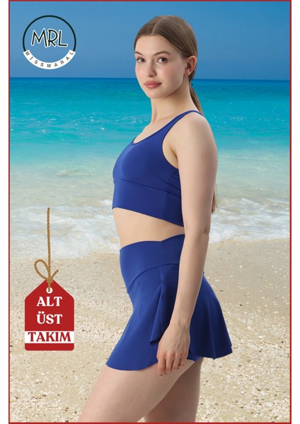 Kadın Alt-Üst Takım Şort & Sabit Pedli Üst Crop Denizde Havuzda Sporda Swimsuit Mavi Takım 3107 modelleri