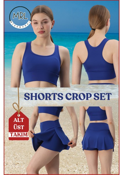 Kadın Alt-Üst Takım Şort & Sabit Pedli Üst Crop Denizde Havuzda Sporda Swimsuit Mavi Takım 3107