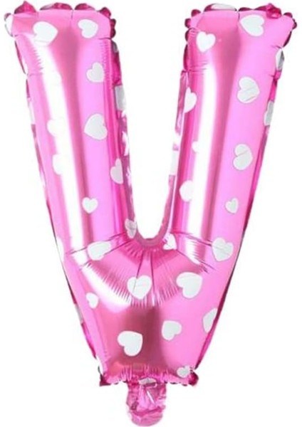 Vitrini V Harfi 16 Inç Pembe Kalpli Renk Folyo Balon 36 cm (Pembe)