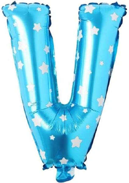 Vitrini V Harfi 16 Inç Mavi Yıldızlı Renk Folyo Balon 36 cm (Mavi)