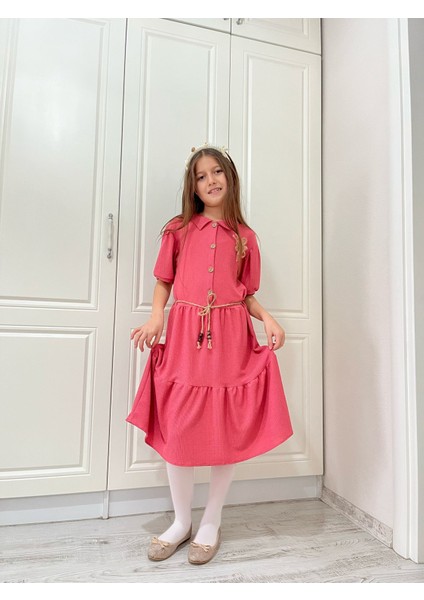 Kız Çocuk Yazlık Kısa Kol Bürümcük Kumaş Elbise 6/12 Yaş