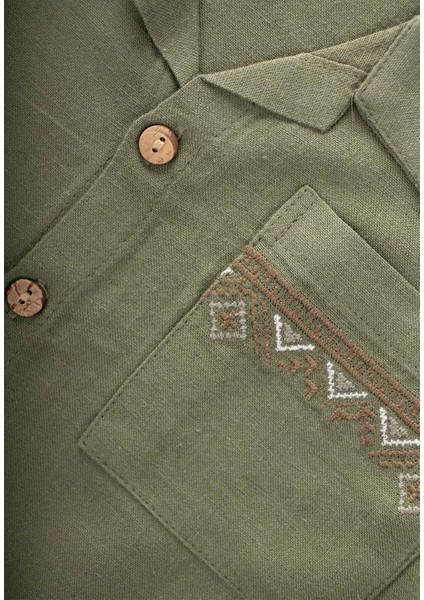 Cebi Nakışlı Gömlek Pantolon Keten Takım 2-7 Yaş Haki Yeşil modelleri