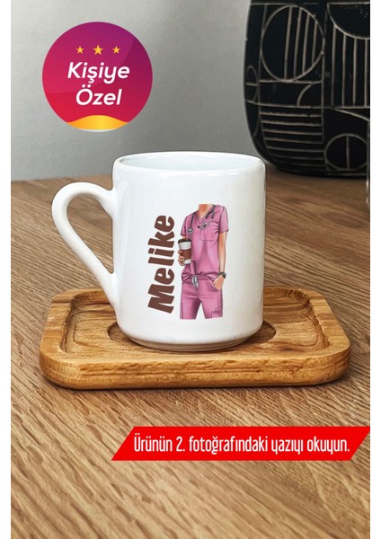Kişiye Özel Hemşire Türk Kahvesi Fincanı Ahşap Altlıkli Hediye