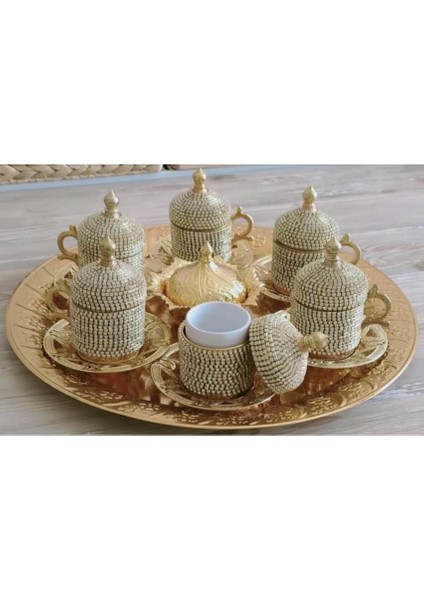 Osmanlı Motifli 6 Kişilik Türk Kahve Seti - Sarı Beyaz Taşlı