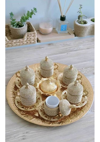 Osmanlı Motifli 6 Kişilik Türk Kahve Seti - Sarı Beyaz Taşlı fiyatları