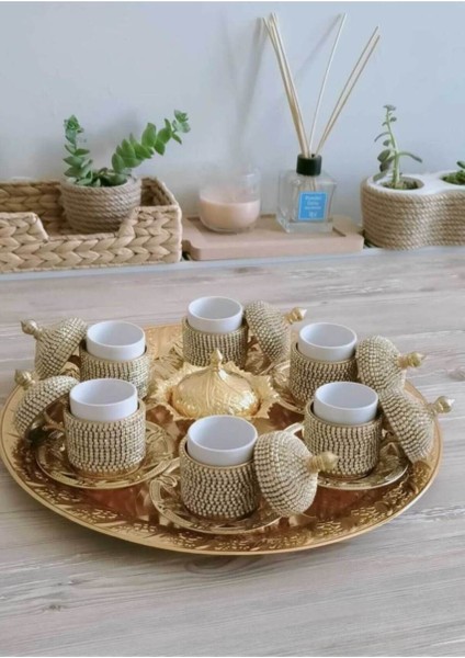 Osmanlı Motifli 6 Kişilik Türk Kahve Seti - Sarı Beyaz Taşlı modelleri