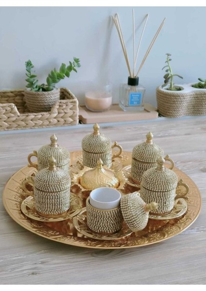 Osmanlı Motifli 6 Kişilik Türk Kahve Seti - Sarı Beyaz Taşlı fırsatları