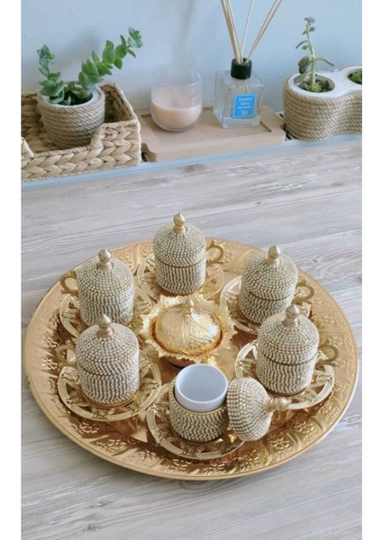 Osmanlı Motifli 6 Kişilik Türk Kahve Seti - Sarı Beyaz Taşlı indirimleri