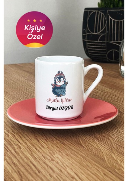Kişiye Özel Penguen Temalı Pembe Türk Kahvesi Fincanı Yılbaşı Hediye