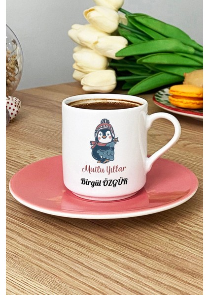 Kişiye Özel Penguen Temalı Pembe Türk Kahvesi Fincanı Yılbaşı Hediye fırsatları