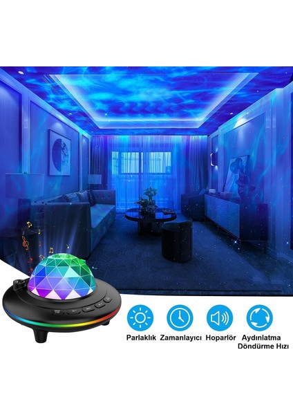 Bluetooth Projektör Gece Lambası Uzaktan Kumandalı Rgb Led Hoparlör Yıldızlı Gökyüzü Işık Efekti