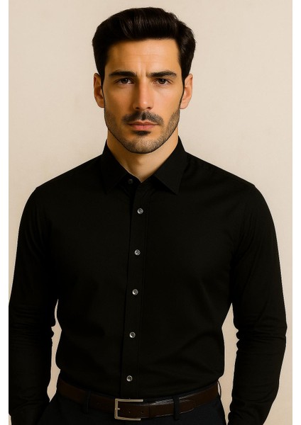 Erkek Slim Fit Pamuk Saten Dar Kesim Siyah Pamuklu Gömlek