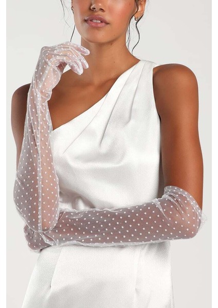 Uzun Boy Beyaz Puantiyeli Beyaz Renk Yetişkin Tül Eldiven modelleri