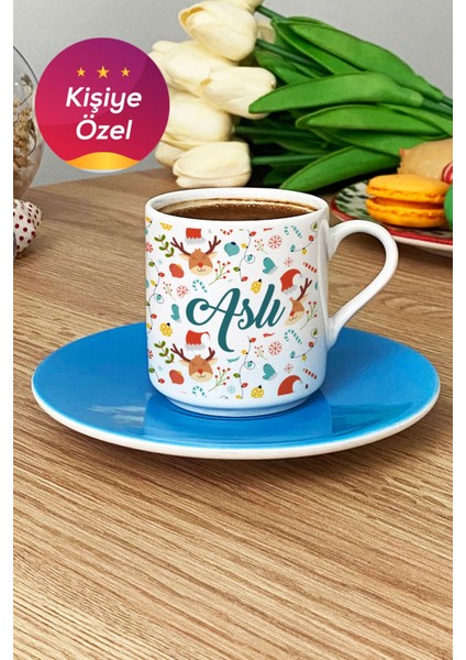 Kişiye Özel Mavi Tatlı Geyik Tasarımlı Türk Kahvesi Fincanı Yılbaşı Hediyesi