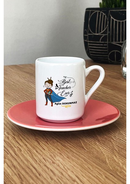 Kişiye Özel Kadın Sınıf Öğretmeni Pembe Türk Kahvesi Fincanı Öğretmenler Günü Hediyesi