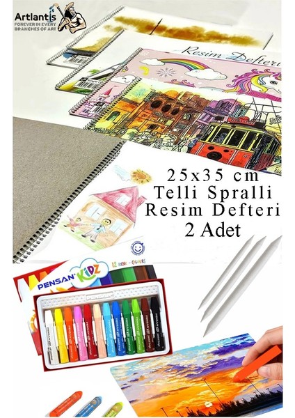 12 Renk Pensan Pastel Boya 25X35 cm Telli Spralli Resim Defteri Pastel Dağıtma Kalemi 15 Yaprak Resim Defteri Yağlı