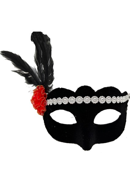 Gümüş Dantelli Kırmızı Gül Tasarımlı Parti Maskesi