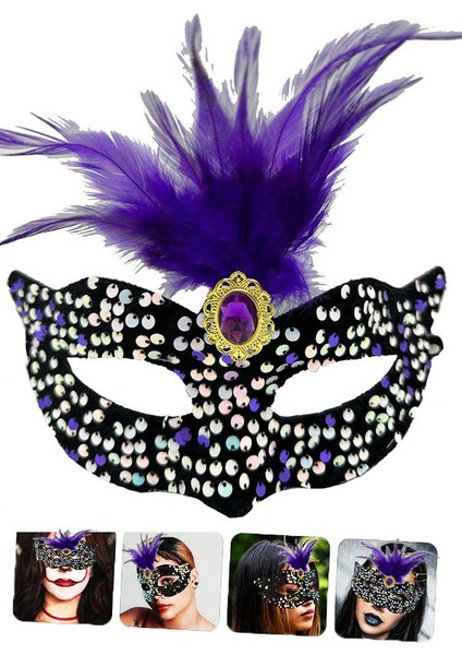 Siyah Kadife Üzeri Rengarenk Payetli Pullu Mor Tüylü Mor Taşlı Parti Maskesi 19x21 cm fiyatları