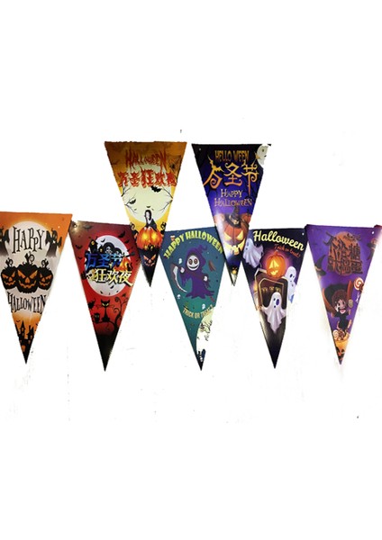 LüNessiWorld Baskılı Üçgen Model Halloween Banner Süs Bayrak 8 li