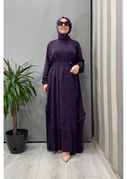 Nakış ve Fermuar Detaylı Cupra Ipek Elbise Mor 37800