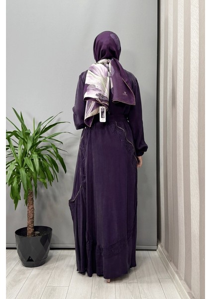 Nakış ve Fermuar Detaylı Cupra Ipek Elbise Mor 37800 modelleri