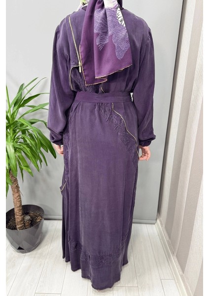 Nakış ve Fermuar Detaylı Cupra Ipek Elbise Mor 37800 fırsatları