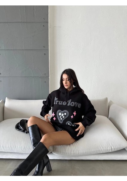 3 Iplik Şardonlu Oversize Compact True Baskılı Sweat Siyah modelleri