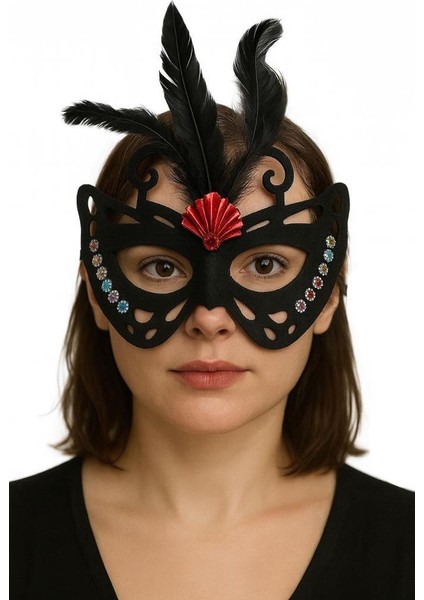 Siyah Renk Siyah Süet Kaplama Tüylü Kelebek Figür Parti Maskesi 24x18 cm modelleri