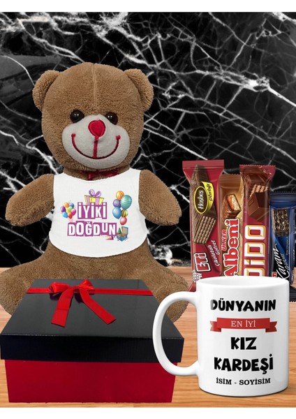 Dogum Gunu Hediyesi Kiz Kardese Kişiye Özel Isimli Kupa Çikolatalar ve Kahverengi Peluş Ayıcık