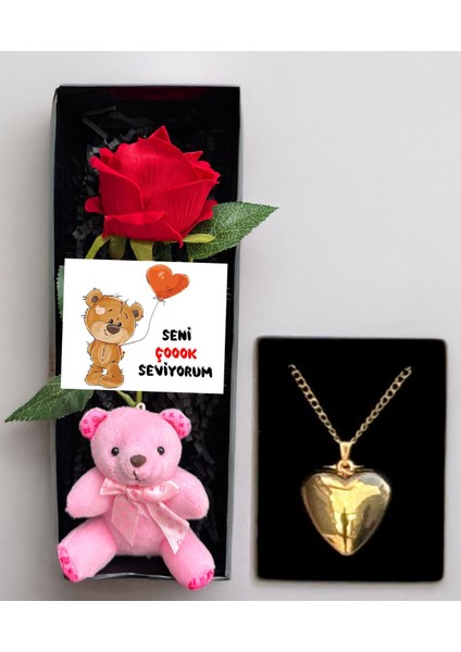 Sevgiliye Hediye Kırmızı Güllü Pembe Ayıcıklı Seni Seviyorum Kutusu ve Çelik Kalp Kolye Kiz Arkadasa