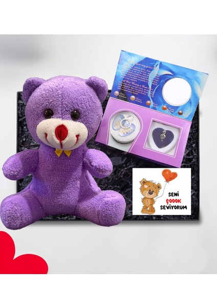 Sevgiliye Hediye Kutusunda 25CM Mor Ayıcık ve Istiridye Içinde Inci Kolye Romantik Hediye