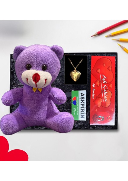 Romantik Hediye Sevgiliye 25CM Mor Ayıcık Çelik Kalp Kolye Aşk Çeki ve Aşkpirin Hediye Kutusu