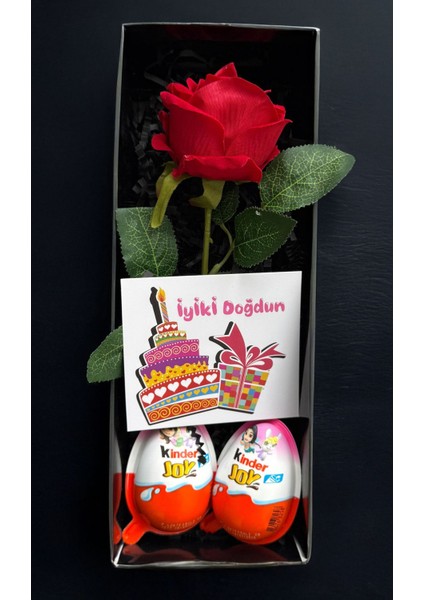 Dogum Gunu Hediyesi Kiza 25CM Mor Ayıcık Kırmızı Gül ve Kinder Joy Yumurtalar Dogumgunu Cicek