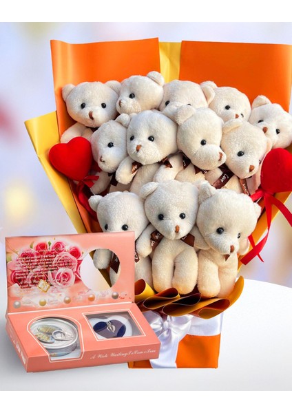 Sevgiliye Hediye 12 Li Ayıcık Buketi ve Istiridye Içinde Inci Kolye Sevgiliye Özel Romantik Hediye