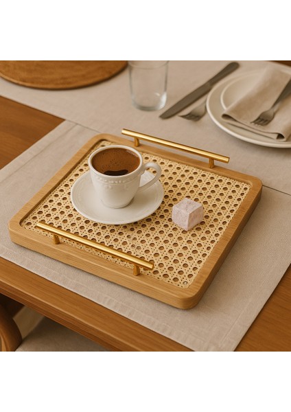 Ahşap Rustik Gold Saplı Hazeran Rattan Sunumluk