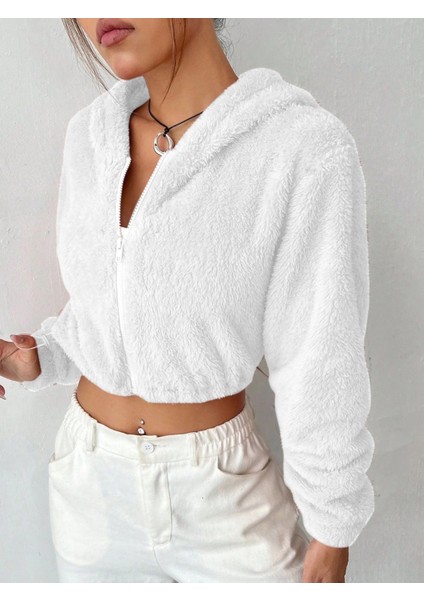 Peluş Ceket Kapşonlu Beyaz modelleri