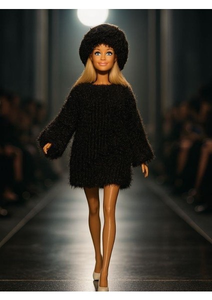 Barbie Bebek Için El Yapımı Peluş Elbise ve Şapka Kombini( Barbie Bebek Dahil Değildir)