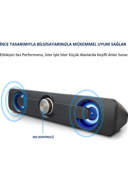 LED Işıklı USB ve 3.5mm Girişli Soundbar Hoparlör Masaüstü Laptop Tv ve Telefon Uyumlu 2X2.5W fiyatları