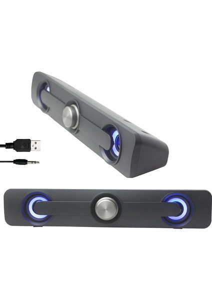 LED Işıklı USB ve 3.5mm Girişli Soundbar Hoparlör Masaüstü Laptop Tv ve Telefon Uyumlu 2X2.5W