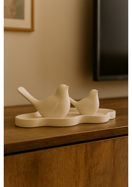 Minimalist Kuş Figürleri ve Bulut Tepsi – 3’lü Dekoratif Set | Beyaz | Md-Dkr-10-Byz