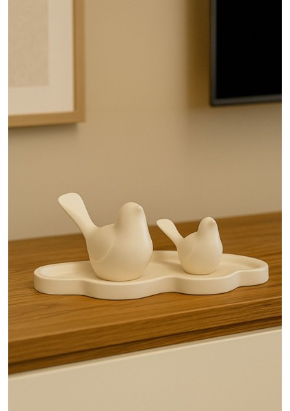 Minimalist Kuş Figürleri ve Bulut Tepsi – 3’lü Dekoratif Set | Beyaz | Md-Dkr-10-Byz