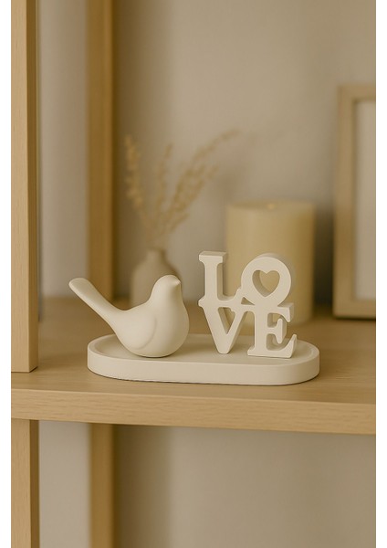 Love Yazılı Kuş Figürlü Dekoratif Beton Obje Seti – Minimalist Aksesuar