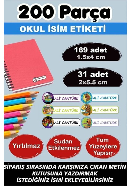 Okul Etiketi Kalem Defter Etiketi Özel Isimli Etiket Scooby-Doo 6 Figür 200 Adet