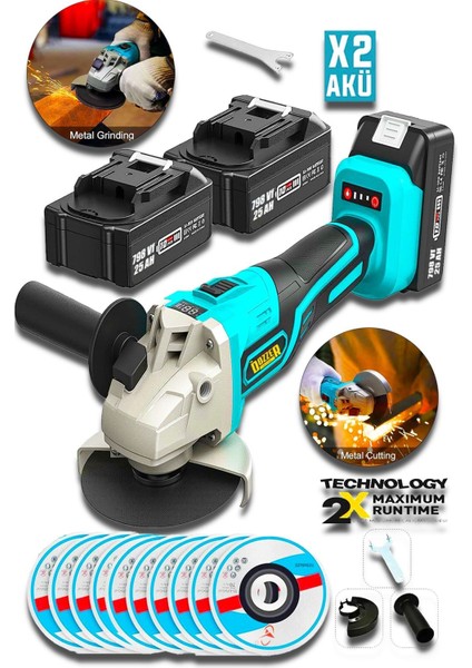 Kömürsüz 115MM Akülü Taşlama Makinesi +10 Taş, Hafif ve Güçlü El Aleti