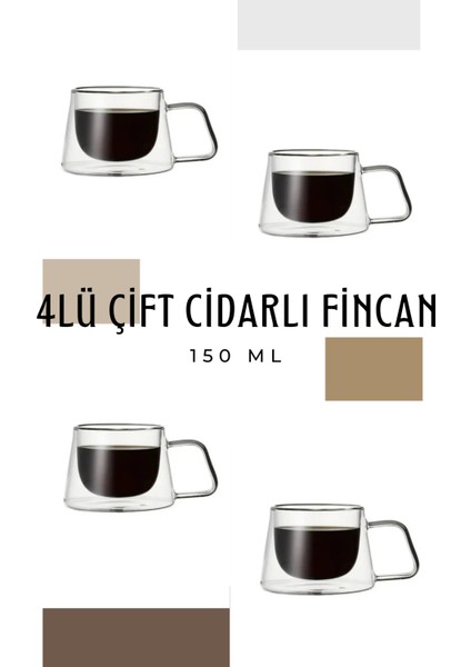 4lü Çift Cidarlı Şık Cam Fincan Espresso Kahve Çay Bardağı 150 ml