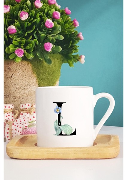 Çiçek Desenli L Harfli Türk Kahvesi Fincanı, Ahşap Altlıkli, Şık ve Zarif Tasarım fiyatları