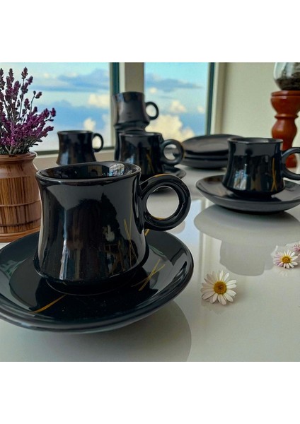 6 Kişilik Yuvarlak Tabaklı Klasik Set, Siyah, Şık ve Zarif Tasarım