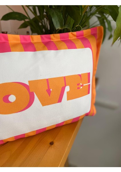 Love Yazılı Çift Taraflı Turuncu Çizgili Dekoratif Süet Kırlent Kılıfı - Çizgili Kırlent Kılıfı - 30X50CM modelleri