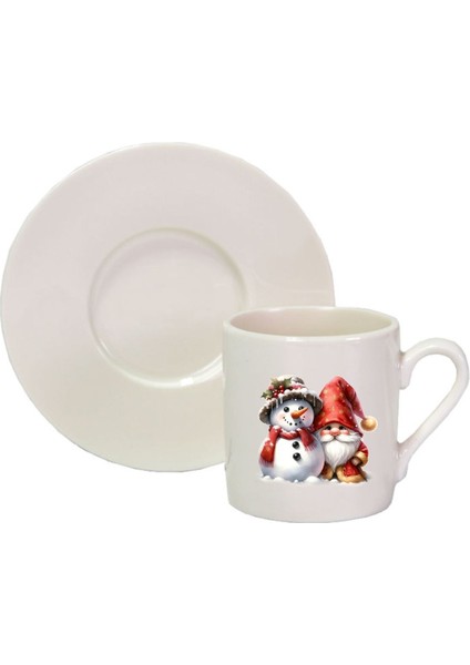 Sevimli Gnome ve Kardan Adam Tasarımlı Türk Kahve Fincanı, Beyaz